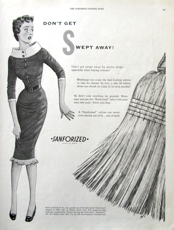 1954 Sanforized Women's Fashion Ad, 1950s Housewife, Black and