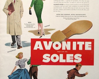 1955 Avonite Soles Ad, Vintage 1950s Ads, Retro 50s Fashions, Midcentury Americana, Old Shoe Ads