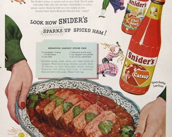 1949 Snider's Catsup Ad, Vintage Food Ads, Retro Kitchen Decor, 1940s Advertising Art, American Cuisine