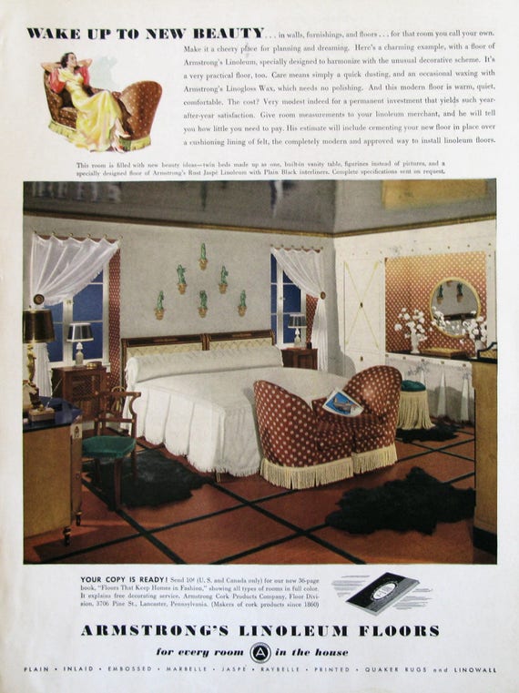 1937 Armstrong Floors Ad 1930s Woman S Bedroom Decor With Vanity Twin Beds And Rust Jaspe Floor