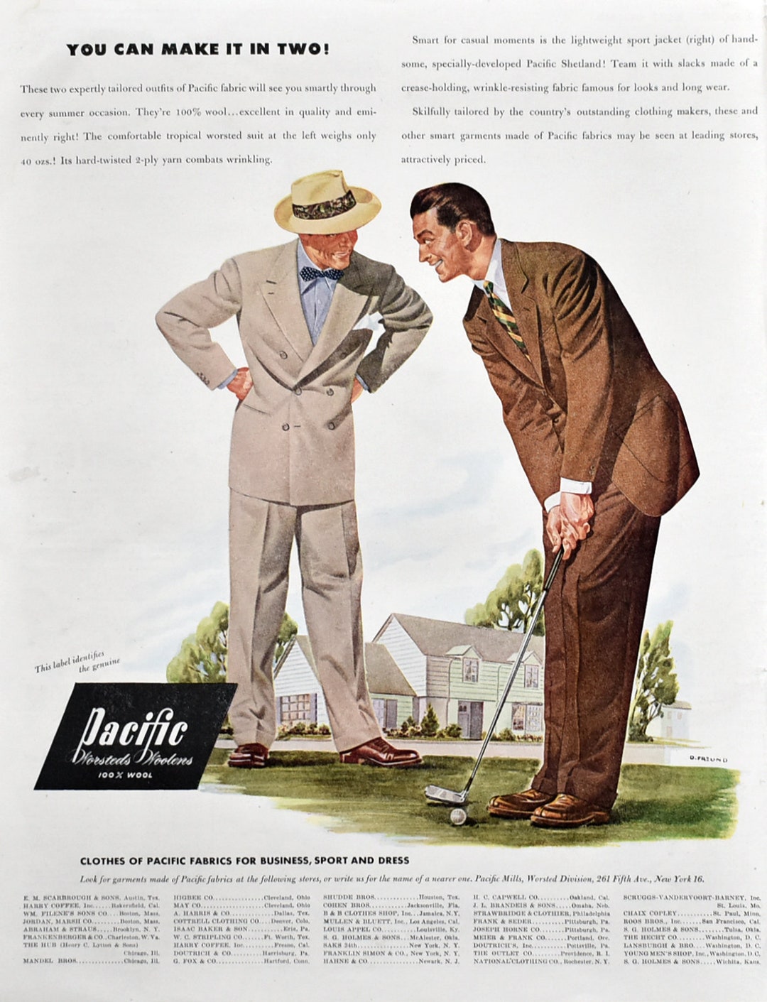 Vintage 1940s Pacific Fabrics Ad Men's Golf Apparel Ads 