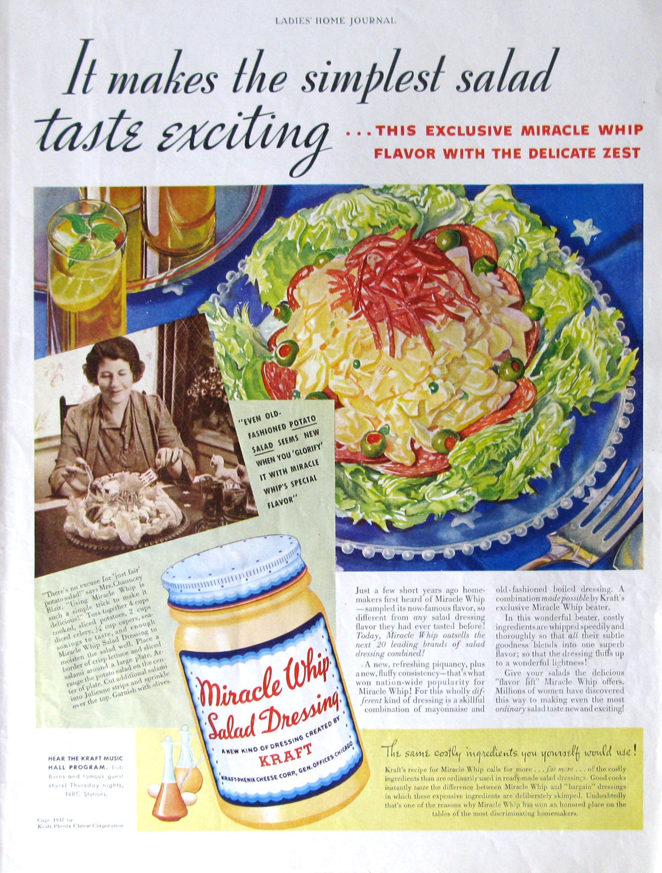 1937 Miracle Whip Ad Kraft Salad Dressing Old Fashioned Potato