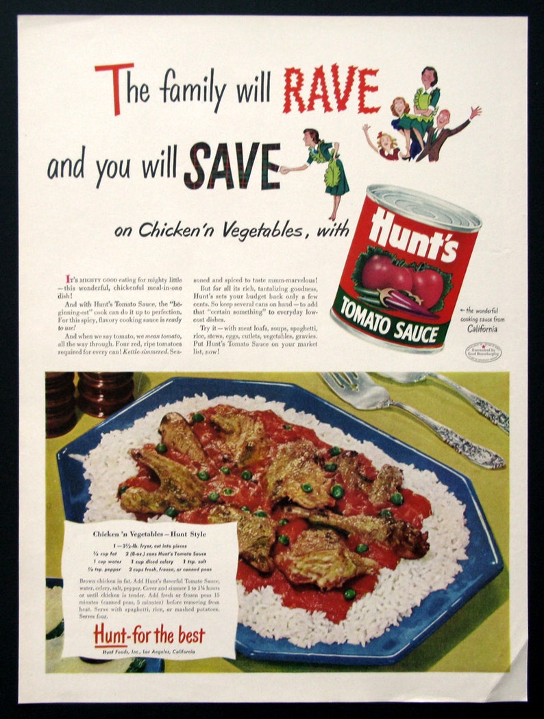 1948 Hunt's Tomato Sauce Ad Chicken & Vegetables Recipe Etsy
