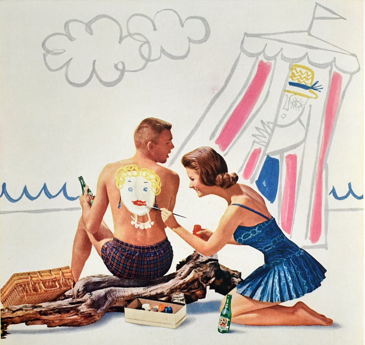 Vintage 1962 7 up Soda Ad, Retro 60s Beach Wall Art, Whimsical