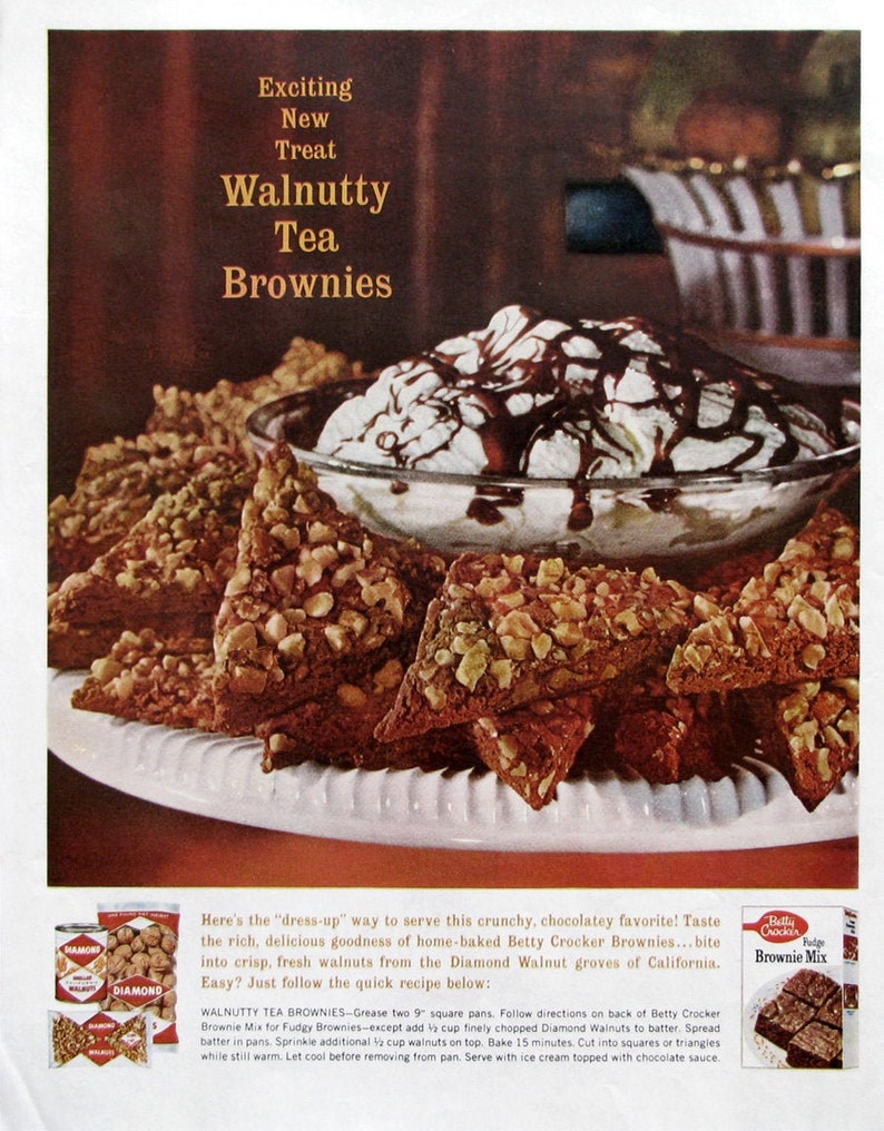 1961 Diamond Walnuts Ad Vintage Betty Crocker Brownie Mix Ad Retro Kitchen Decor Magazine Recipe for Walnutty Tea Brownies image 1