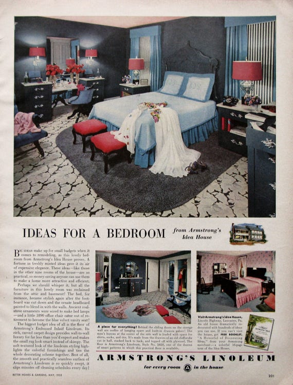 1953 Midcentury Modern Bedroom Design 1950s Armstrong Linoleum Floor Ads General Electric Textolite Kitchen Counter Ads