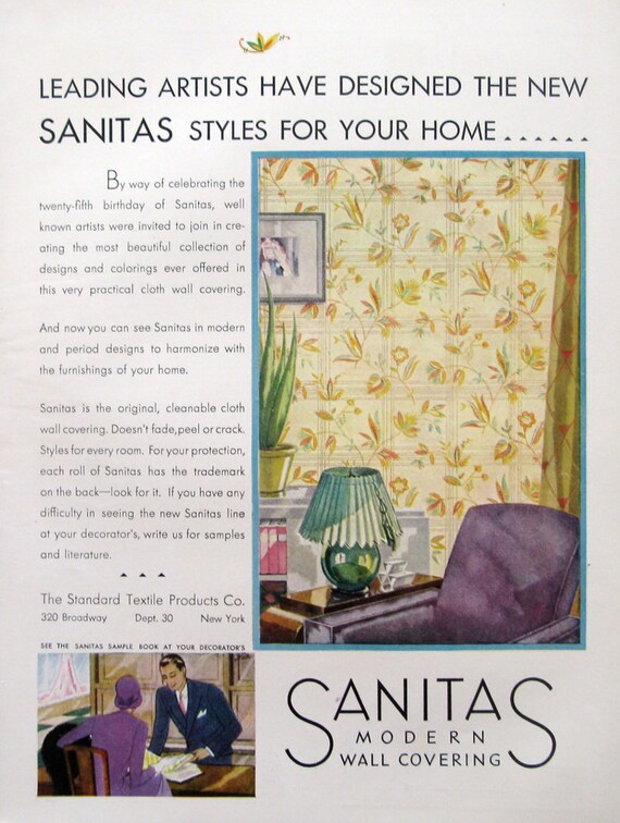 1930 Sanitas Wallpaper Ad 1930 S Living Room Yellow Pruple Wall Covering Home Decor Ideas