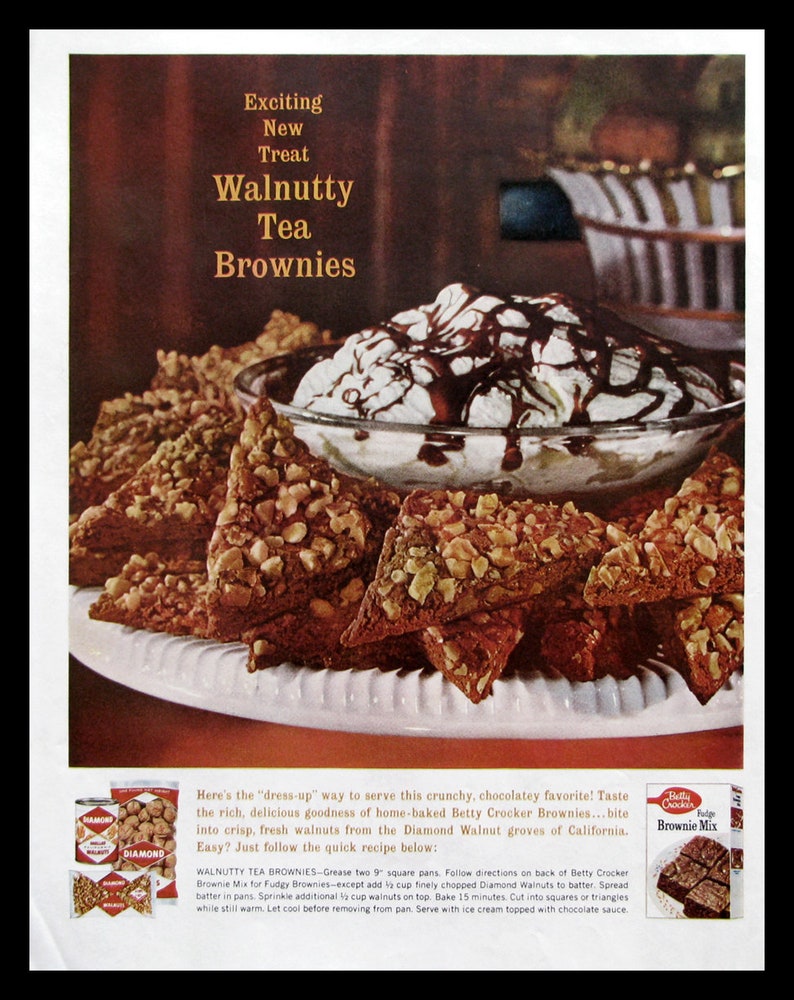 1961 Diamond Walnuts Ad Vintage Betty Crocker Brownie Mix Ad Retro Kitchen Decor Magazine Recipe for Walnutty Tea Brownies image 2