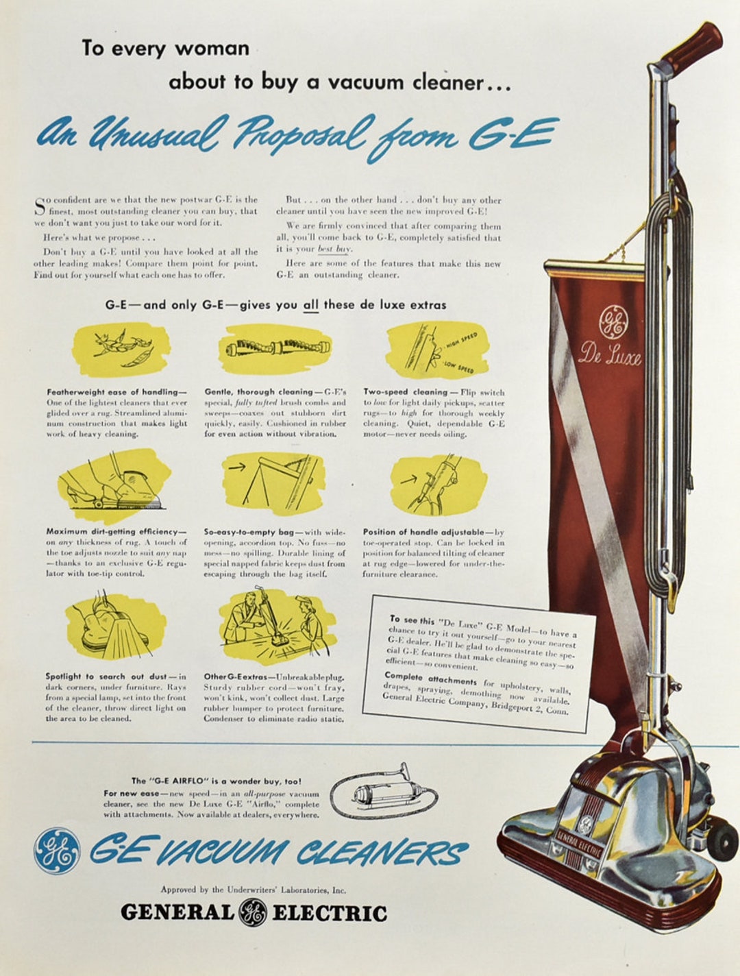 1946 GE Vacuum Ad, Upright Vacuum Cleaner, Laundry Room Decor, 1940s