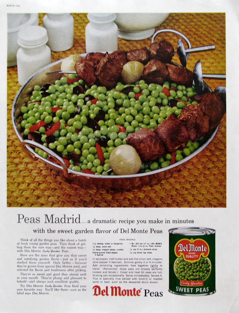 1961 Del Monte Canned Sweet Peas Ad Peas Madrid Recipe | Etsy