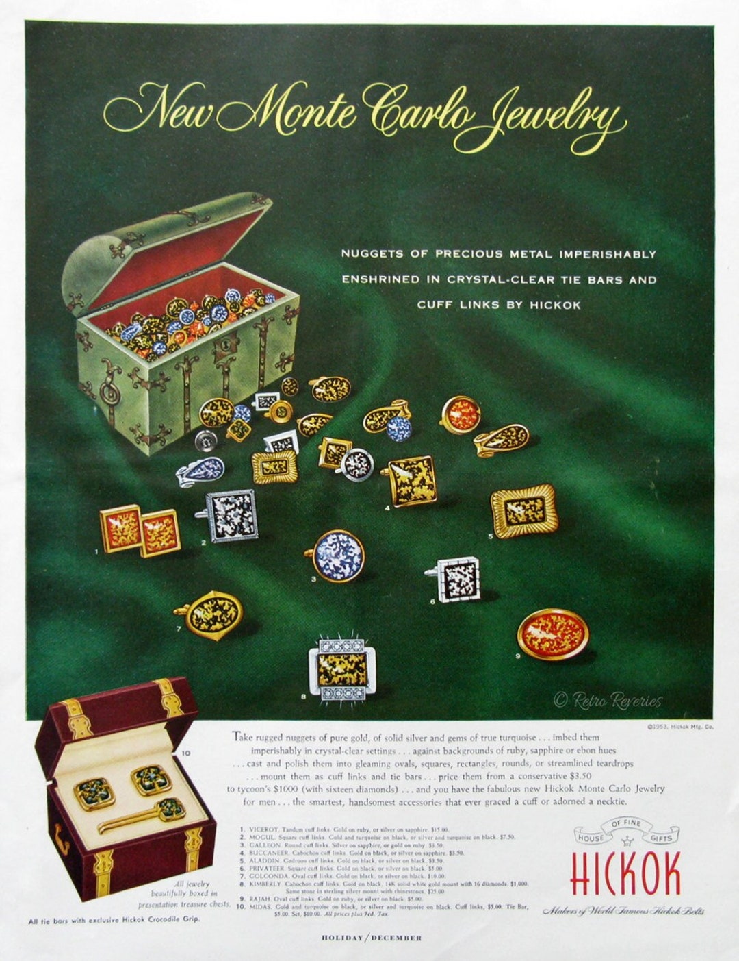 Vintage 1953 Ad for Hickok Monte Carlo Jewelry Cufflink 