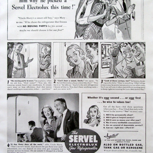 1940 Servel Electrolux Gas Refrigerator Ad - 40s Cartoon Illustration - Nostlagic Appliances Ad - Retro Kitchen Decor