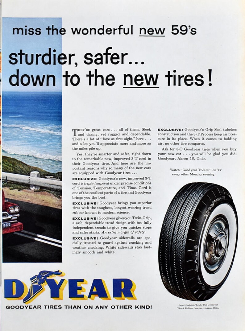 1958 Goodyear Tubeless 3T Custom Super Cushion Tires Ad Etsy