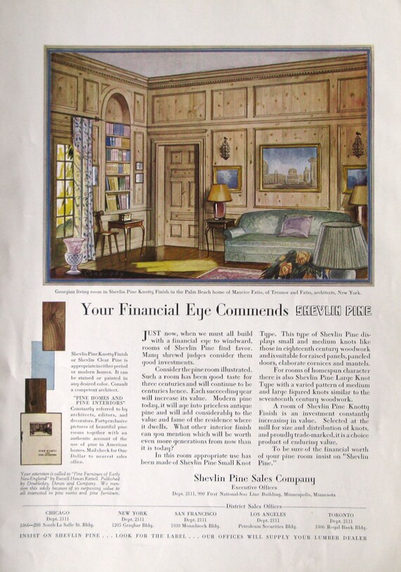 1931 Shevlin Pine Walls Ad Georgian Living Room 1930s Maurice Fatio Palm Beach Architect Home Vintage Home Decor Ads