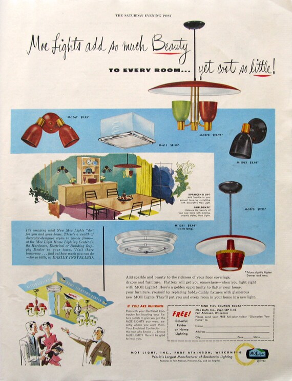 1953 Moe Lights Ad Gift For Interior Decorator Or Lighting Etsy