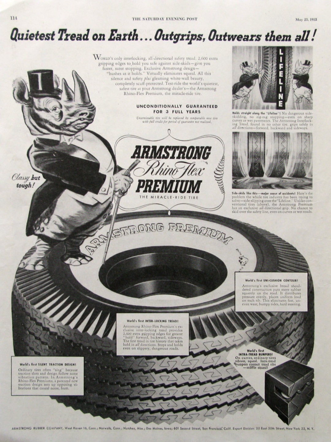 1953 Vintage Tire Ad, Rhinoceros Art, Armstrong Rhino Flex Tires Ad, Gift for Car Guy, Retro