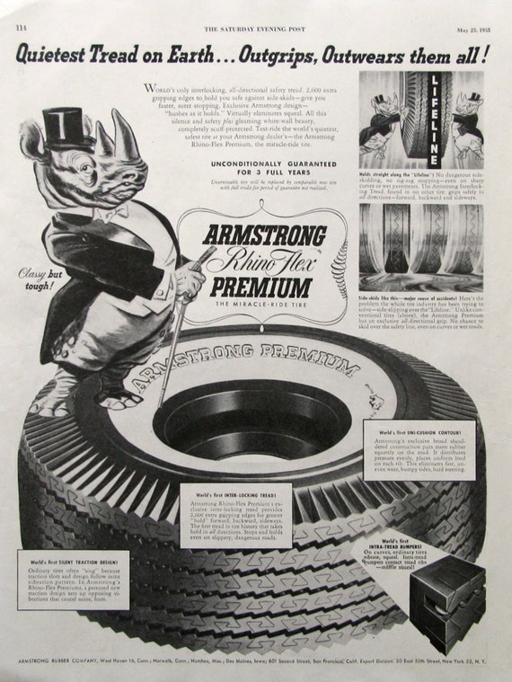 1953 Vintage Tire Ad, Rhinoceros Art, Armstrong Rhino Flex Tires Ad, Gift  for Car Guy, Retro Garage Decor, Vintage Auto Ads -  Israel