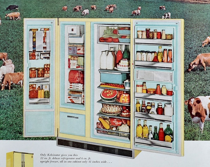 1960 Kelvinator Refrigerator Ad Foodarama Living Yellow & Blue Fridge