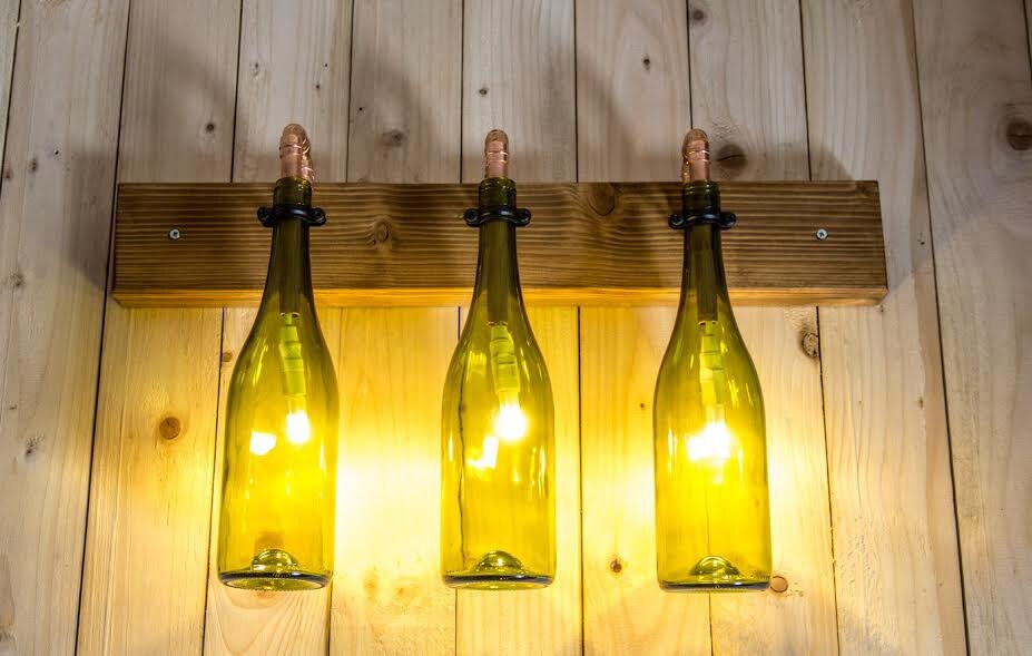 Unique handmade wine bottle wall light with wooden base and Etsy