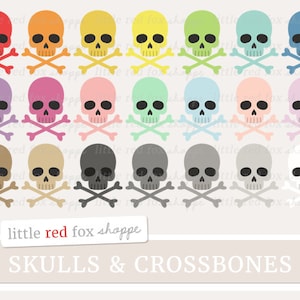 Op de afbeelding: Een verzameling kleurrijke illustraties van schedels en gekruiste botten in verschillende kleuren, waaronder rood, oranje, geel, groen, blauw, paars, roze en grijs. De tekst "SKULLS & CROSSBONES" staat eronder.