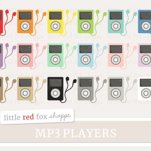 Könnte beinhalten: Ein Set mit 18 bunten MP3-Playern mit Kopfhörern. Die Player sind in verschiedenen Farben, darunter Rot, Orange, Gelb, Grün, Blau, Lila, Rosa, Braun, Schwarz, Grau und Weiß. Die Player sind alle gleich groß und haben die gleiche Form, und sie haben alle einen kleinen Bildschirm und Tasten auf der Vorderseite. Die Player sind in drei Reihen mit jeweils sechs angeordnet. Der Text "little red fox shoppe" und "MP3 PLAYERS" befindet sich am unteren Rand des Bildes.