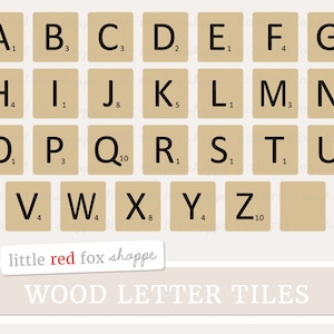 May include: A set of wooden letter tiles with the alphabet in black letters on a beige background. Each tile has a number value printed on it. The tiles are arranged in three rows. The text "little red fox shoppe" and "WOOD LETTER TILES" are printed below the tiles.