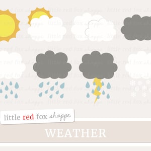 Weather Clipart, Storm Clip Art Cloud Clipart Rain Clipart Sun Sunshine Lightning Snow Cute Digital Graphic Design Small Commercial Use