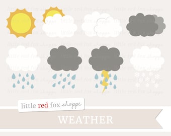 Meteo Clipart, tempesta Clip Art Cloud Clipart pioggia Clipart sole sole fulmine neve carino grafica digitale piccolo uso commerciale
