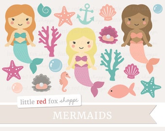 Mermaid Clipart, Ocean Clip Art, Princess Clipart, Beach Clipart, Sea Life Clipart, Coral Cute Digital Graphic Design Small Commercial Use