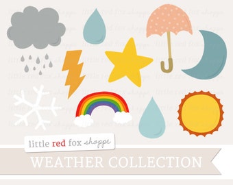 Weather Clipart, Weather Clip Art Design Cloud Sun Moon Umbrella Star Rain Snowflake Cute Digital Graphic Design Small Commercial Use