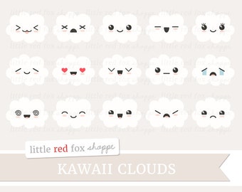 Kawaii Cloud Clipart, Weather Clip Art Faces Happy Fluffy White Clouds Rain Storm Icon Cute Digital Graphic Design Small Commercial Use