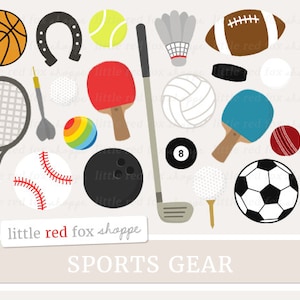 Sports Gear Clipart, Sporting Equipment Clip Art, Soccer Clipart, Football Clipart, Racket Cute Digital Graphic Design Small Commercial Use