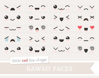 Kawaii Face Clipart, Cute Faces Clip Art Expression Happy Sad Smile Kit Set Icon Emoticon Digital Graphic Design Small Commercial Use