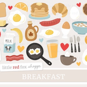 Breakfast Clipart, Food Clip Art, Eggs Clipart, Pancakes Clipart, Milk Clipart, Toast, Cute Digital Graphic Design Small Commercial Use