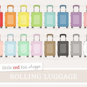 May include: Set of 12 colorful rolling suitcases with wheels. The suitcases are in various colors, including red, orange, yellow, green, blue, purple, pink, light blue, brown, gray, black, and white.