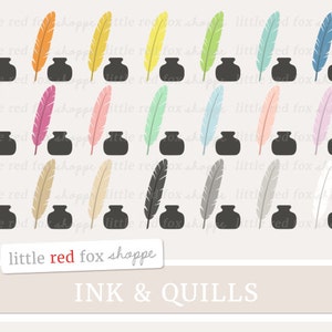 May include: A set of 16 digital illustrations of inkwells and quill pens in various colors. The inkwells are black and the quills are in colors such as red, orange, yellow, green, blue, purple, pink, brown, beige, gray, and white. The text "little red fox shoppe" and "INK & QUILLS" is at the bottom of the image.