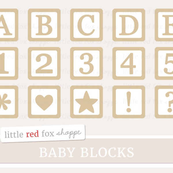 Baby Blocks Clipart, Brown Nursery Digital Clip Art Block Letter Number Alphabet Stationery Cute Digital Graphic Design Small Commercial Use