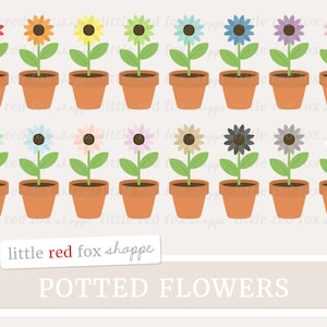 May include: Set of 16 potted flower illustrations in various colors, including red, yellow, green, blue, purple, pink, brown, gray, and white. The flowers are all in terracotta pots.