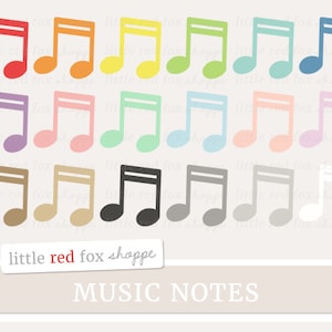 May include: A collection of colorful musical note graphics in various shades, including red, orange, yellow, green, blue, purple, pink, brown, black, gray, and white. The image includes the text "MUSIC NOTES" and the shop name "little red fox shoppe".