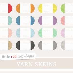 Può includere: Un set di 16 etichette per gomitoli di lana in vari colori, tra cui rosso, arancione, giallo, verde, blu, viola, rosa, beige e grigio. Ogni etichetta ha un rettangolo bianco al centro con il testo "little red fox shoppe" in basso.