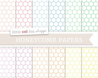 May include: Set of 10 digital papers featuring a honeycomb pattern in various pastel colors, including pink, blue, green, purple, orange, and yellow. The papers are perfect for scrapbooking, card making, and other craft projects. "little red fox shoppe" and "HONEYCOMB PAPERS" are written in the image.