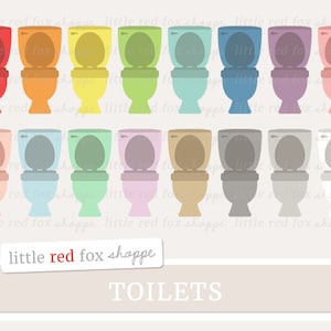 May include: A set of 18 toilet illustrations in various colors, including red, orange, yellow, green, blue, purple, pink, brown, gray, and white. The illustrations are in a simple, cartoon style and are perfect for use in a variety of projects.