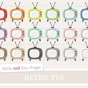 May include: Set of 16 retro television clip art images in various colors, including red, yellow, green, blue, purple, pink, brown, gray, and white. Each television has a simple design with a screen, knobs, and antennas.