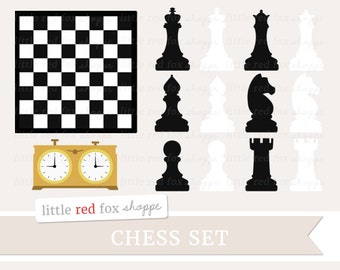 Chess Set Clipart, Black & White Clip Art Board Game Knight King Queen Pawn Rook Bishop Cute Digital Graphic Design Small Commercial Use