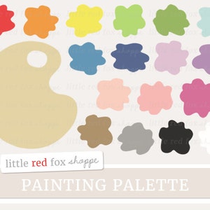 May include: A beige paint palette with a hole in the center, surrounded by 16 colorful paint swatches in various shades of red, orange, yellow, green, blue, purple, pink, brown, gray, black, and white. The text "little red fox shoppe" and "PAINTING PALETTE" are below the palette.