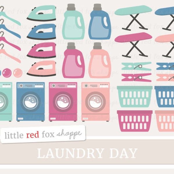 Laundry Clipart, Laundry Day Clip Art Washing Machine Washer Soap Iron Board Basket Hanger Cute Digital Graphic Design Small Commercial Use