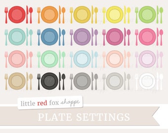 Plate Setting Clipart, Dinner Setting Clip Art Dining Dinner Plate Utensil Fork Spoon Knife Cute Digital Graphic Design Small Commercial Use