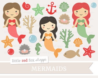 Clipart sirena, ClipArt oceano, Clipart principessa, Clipart spiaggia, Clipart vita marina, Design grafico digitale carino corallo Piccolo uso commerciale