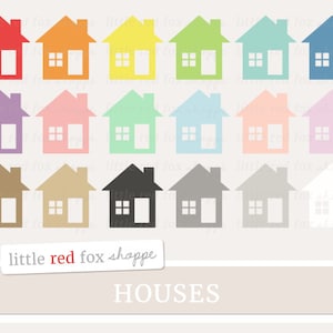 Puede incluir: Conjunto de 12 ilustraciones de casas en varios colores, incluyendo rojo, naranja, amarillo, verde, azul, morado, rosa, marrón, gris, negro y blanco. Cada casa tiene un diseño simple con dos ventanas y una chimenea.