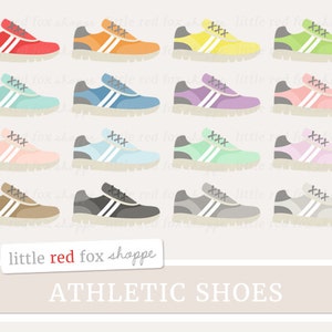 May include: Set of twelve illustrated athletic shoes in various colors, including red, orange, yellow, green, blue, purple, pink, light blue, brown, gray, and white. Each shoe has two white stripes and the text "XXX" on the side.